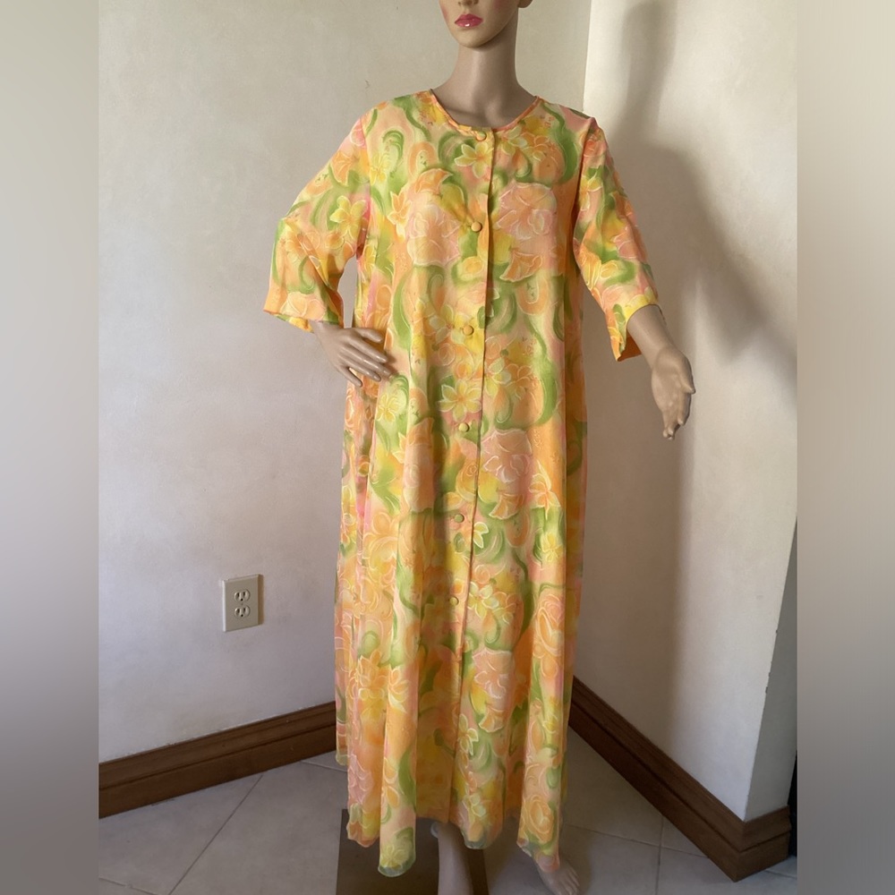 Roberta Lynne California Vintage Hostess Dress 1960’s Floral Maxi Nylon Medium